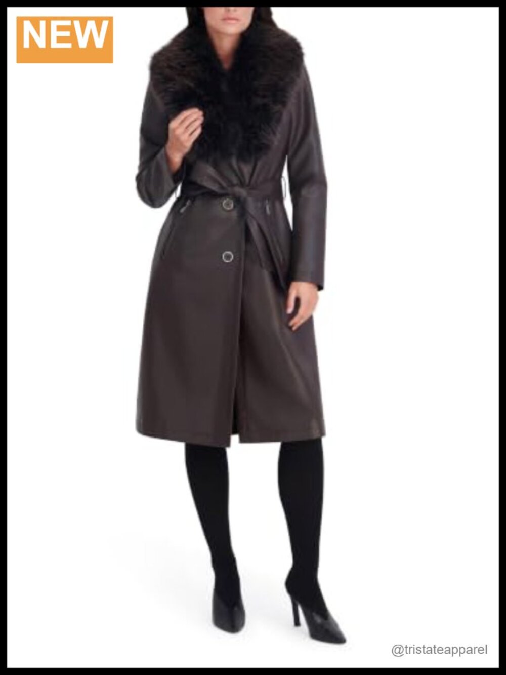 Faux Leather & Faux Fur Belted Trench Coat Women's Long Sleeve Winter